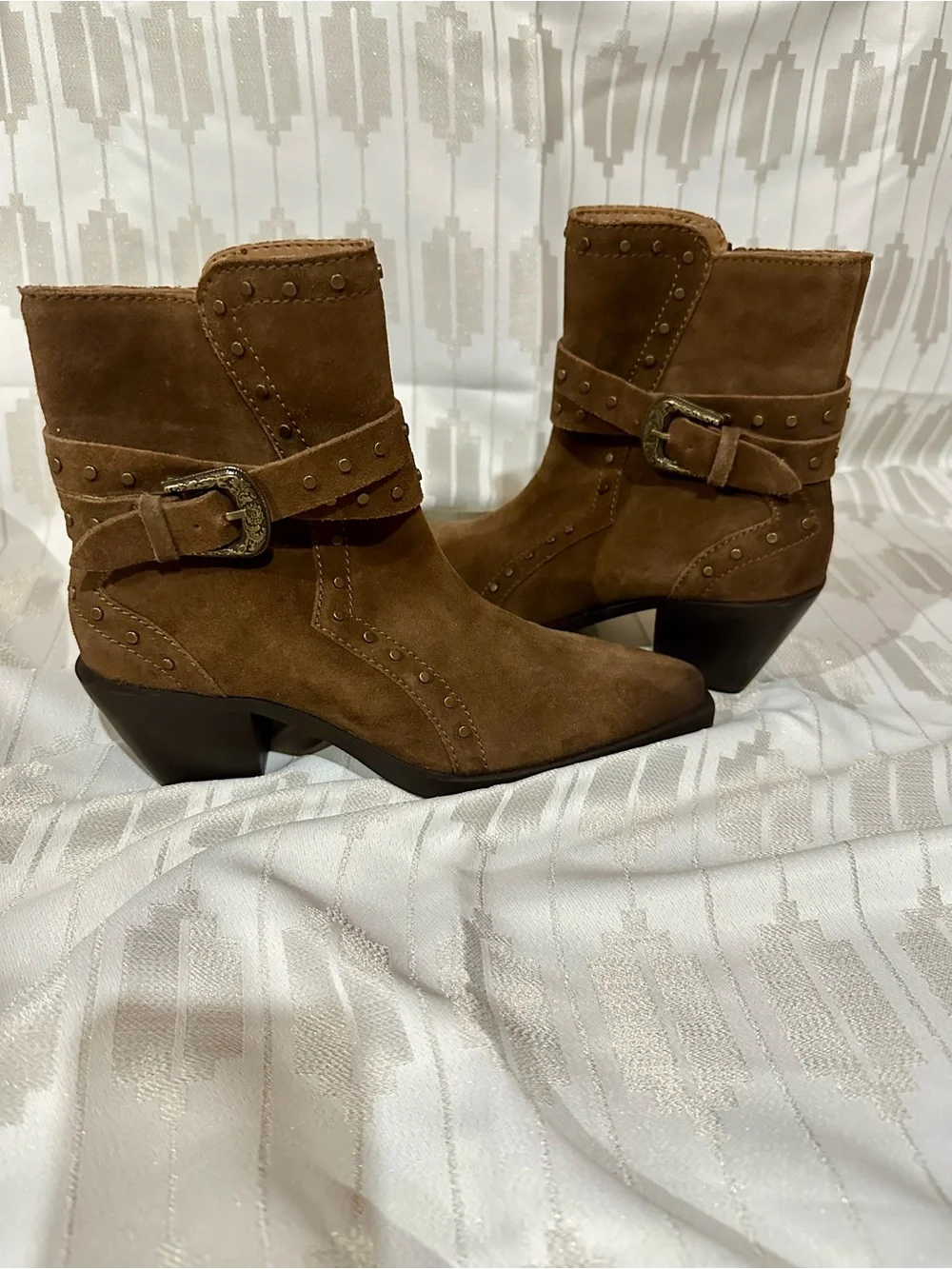 Crown Vintage Tan Suede Studded Ankle Boots with Buckle - Picture 5 of 6